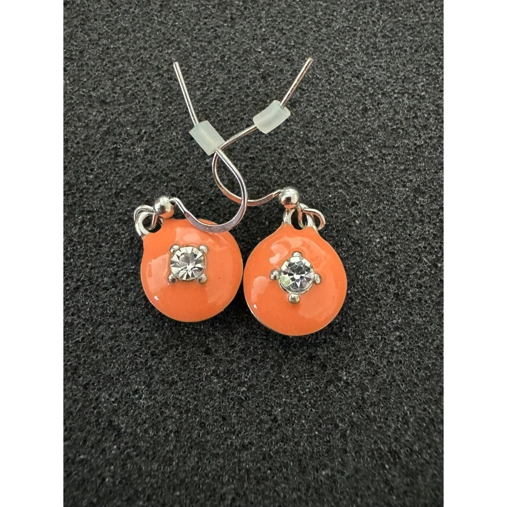 Orange Dot Rhinestone Earrings‎ with Silver Tone Accents Pierced Ears Dangle